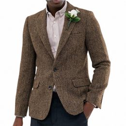 2024 Classic Brown Herringbe Busin Men Suits Jacket 1 Piece Groom Wedding Casual Slim Fit Party Costume Homme Blazer r418#