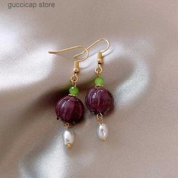 Charm Coloured Flower Pearl Earrings for Women 2024 Korean Fashion Dangle EarringTemperament Purple Jewelry Wholesale Female Y240328