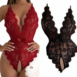 sexy Lingerie Women Sleepwear Open Croth Bodysuit Teddy Transparent Lace Lingerie Deep V Open Bra Lenceria Porno Underwear Set y3Gf#