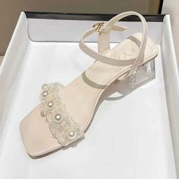 Sandals Beige High Heel Fashion Womens Shoes 2024 Large Medium Black Luxury Summer New Stud Girls Comfortable Low Roman H240328CV7V