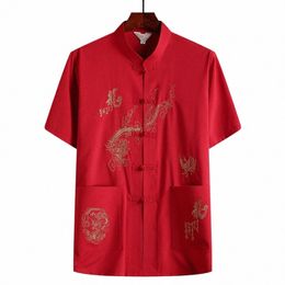 men Tangs Suit Top Embroidery Drag Short Slleve Men Shirt Solid Colour Stand Collar Chinese Kung Fu Wing Chun Gnt Shirt q8ZP#