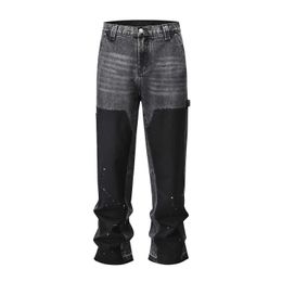 Erkek kot pantolon ekleyen siyah düz denim pantolonlar için retro ekleme mürekkebi sıçrayan kot pantolon y2k erkek kargo pantolon j240328