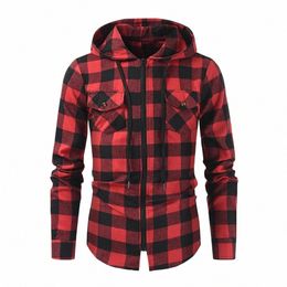 comfortable Men Hoodie Men Plaid Shirt Ctrast Color Plaid Print Hoodie Stylish Men's Spring Coat with Drawstring Hood Zipper g09l#