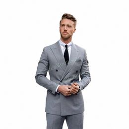 grey Double Breasted Groom Wear Mens Suits 2022 Slim Fit Formal Busin 2 Pieces Male Suit Trajes De Hombre Blazer Pants Tie m0SG#