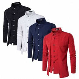 2024 New Men Solid Colour Lapel Shirt Black / Red / Navy Blue / White Unique Design Men's False Two Piece Shirts 00Nk#