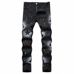 men Star Painted Jeans Black Stretch Denim Slim Straight Pants Streetwear Print Trousers G2Ew#