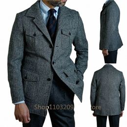 male Suit Gray Men's Jacket Dark Gray Herringbe Wool Tweed Lapel Collar Single Breasted Formal Bussin Jacket for Wedding 62AQ#