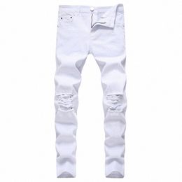 men Stacked Ripped Cott Jeans Streetwear Green White Distred Denim Pants Boyfriend Plus Size 28-42 Punk Slim Fit Trousers 13Tz#