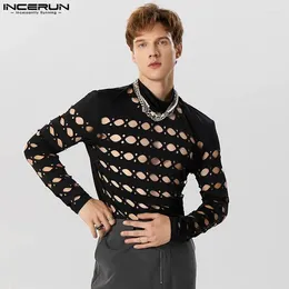 Men's T Shirts INCERUN Tops 2024 American Style Mens Half High Neck Diamond Hollow Design T-shirts Casual Solid Long Sleeved Camiseta S-5XL