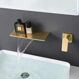 Bathroom Sink Faucets Brushed Gold Brass Basin Faucet Waterfall Output And Cold Water Wall Mounted Split Independent Switch