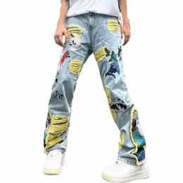 2023 Ropa Grunge Y2K Streetwear Baggy Stacked Ripped Jeans Pants Men Clothing Graphic Embroidery Hip Hop Denim Trousers Pantal E9A8#