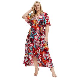 Plus Size Floral Print Bohemian Summer Holiday Beach Wrap Dresses For Women 240321