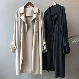 Women's Trench Coats V-neck Midi Spring And Autumn Fashionable Commute Solid Colour Button Long Sleeved Oversized England Thin Coat