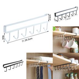 2024 Iron 6 Hooks Storage Shelf Wardrobe Cabinet Metal Under Shelves Mug Cup Hanger Bathroom Kitchen Organiser Hanging Rack Holder