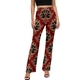 Women's Pants Baroque Print Casual Summer Gold Black Damask Classic Design Flare Trousers High Waist Slim Stretch Street Fashion