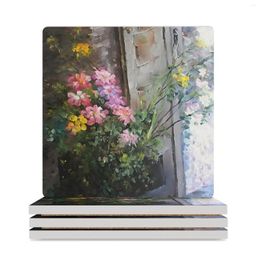Table Mats Beautiful Flowers Next To A Door Ceramic Coasters (Square) For Coffee Cups Drinks Cup Pads