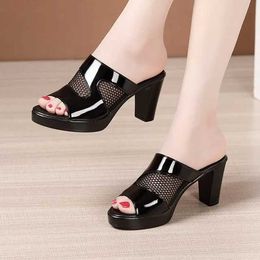 Slippers Plus Size 32 43 foot pedal net patent leather slider wedding shoes womens 2024 summer high heels office H240328ERZD