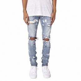 men's Ripped Paint Distred Butt Fly Zipper Leg Hip Hop High Street Skinny Denim Jeans 865m#