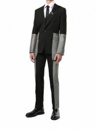 black Gray Patchwork 2-piece Set Men Suits Coat Wedding Tuxedos Jacket Pants Clothing Groom Prom Party Formal Blazer Trousers e0u3#