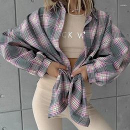 Women's Blouses Streetwear Pink Plaid Shirts Bloues Women Spring 2024 Fashion Cotton Loose Long Sleeve Casual Party Oversize Tops Female