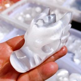 Sculptures 7.5cm Natural Selenite Dragon Skull Crystal Healing Crystal Carving Fashion Home Decorations Lucky Stone Gift 1pcs