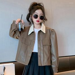 Jackets Teens Girls Pu Leather Jacket Autumn Fashion Cool Children Outerwear Casual Loose Black Khaki Warm Kids Coats 12 13 14 Years