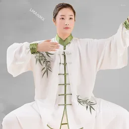 Ethnic Clothing 2Pcs Chinese Triditional Tai Chi Set Wushu Kungfu Classical Practise Clothes Performance Bamboo Plum Embroidery Buckle