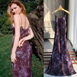 Charming and Sexy Purple Leopard Pattern Silk Round Neck Strap Summer Long Dress Slim Fit Elegant Long Women's Dress