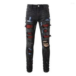 Men's Jeans American Style High Street Trendy Brand Black Ripped Patch Red Diamond Stretch Retro Trousers For Men