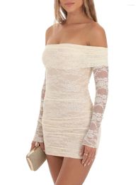 Casual Dresses Women S Off Shoulder Lace Dress Y2k Long Sleeve Ruched Bodycon Mini Backless Cocktail Party Club