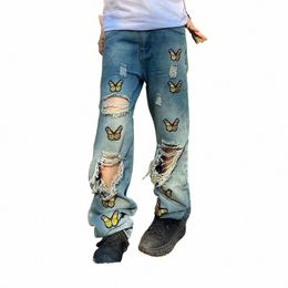 2022 High Street Butterfly Embroidery Baggy Men Grunge Jeans Pants Ripped Hole Hip Hop Vintage Punk Denim Trousers Ropa Hombre z63d#