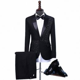 adult Men's Suits stage Costume Wedding groom slim clothing Host Party Blazers Group musical performance Bar Crystals slim suit Q2gu#