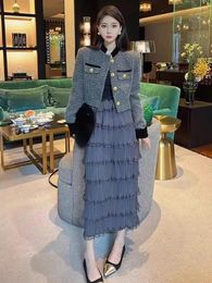 Work Dresses Elegant Two Pieces For Spring And Autumn Women Small Fragrant Wind Outfit Mesh Fluffy Layered Ruffled Skirt Cropped Blazer Coat