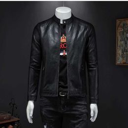 Men's Leather Faux Leather 2023 Dark Leather Jacket Mens New Large Standing Neck Zipper Long Sleeve Jacket Black Coat 240330