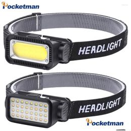 Strålkastare Powerf Cob LED -strålkastare USB -uppladdningsbar strålkastare Vattentät Head Lamp för Cam Handing Fishing Hunt Emergency Drop Delive OTSBZ