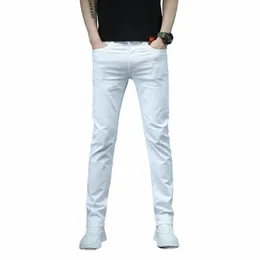 pure White Men Elastic Jeans Casual Sports Pants Versatile Slim Fit Small Legs Youth Student Daily Use z26H#