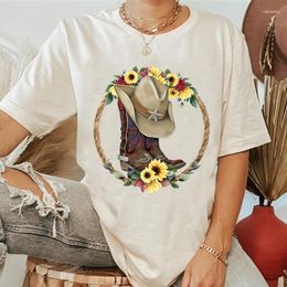 Women's T Shirts Cowgirl Boots Western Style Shirt Women Vintage Sunflower Graphic Tshirt Summer Short Sleeve Tee Cotton T-Shirt