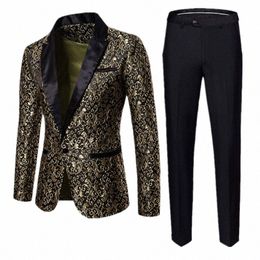 fi Men Busin Jacquard Suit Two-piece Black / Gold / Wine Red Men's Wedding Party Dr Homme Blazers and Pants Z0Q3#