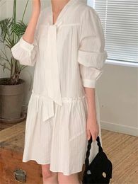 Casual Dresses Women Cotton Embroidery White Dress 2024 Loose Long Sleeve Spring Summer Female Ribbon Robes