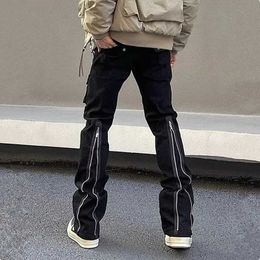 Men's Jeans 2023 Y2K Fashion Zipper Black Flange Jeans Mens Cargo Pants Designer Clothing Straight Solid Casual Pants Rope Hombre J240328