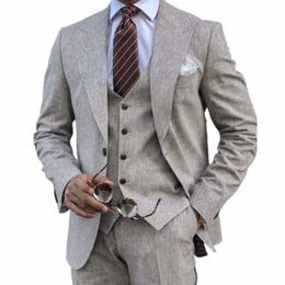 summer New Men Suits Slim Fit Fi Peak Lapel Single Breasted Thin Linen Male Suit Busin Casual Beach Wedding Tuxedo 3 Pc W6h8#