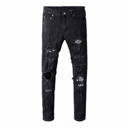 street Fi Men Jeans High Quality Black Stretch Skinny Fit Ripped Jeans Men Plaid Patch Designer Hip Hop Brand Pants Hombre s10Z#