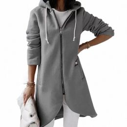 solid Colour Curved Hem Zipper Cardigan Hooded Sweatshirt Women Double Pockets Hoodie Autumn Winter Commuter Thickened Outerwear I3mY#