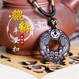 Pendants Natural Obsidian Pixiu Pendant Necklace Men Women Double Wealth Protection Fengshui Charm Sweater Chain Necklaces