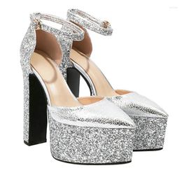 Dress Shoes Genuine Leather Insole Silver Gold Glitter Sequins Bling Platform Mary Janes Pumps Party Wedding High Heels Sandals Women