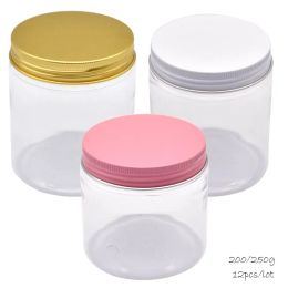 Polijsters 12pc 200/250ml Clear Plastic Jar with Pink Aluminum Lids Empty Face Cream Cosmetic Container Gold Travel Refillable Bottles Box