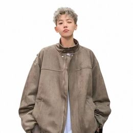 autumn Winter Solid Suede Jacket Fi Men's Handsome Loose Casual Niche Top Jackets Men Overcoat Male Clothing B6aP#