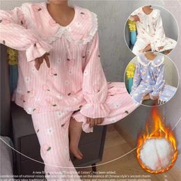 Home Clothing 2024 Women Pyjamas Winter Women's Cute Floral Print 2 Piece Coral Velvet Plush Long Clothes Suit Nightgown