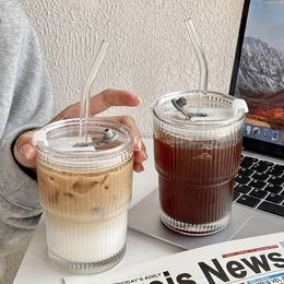 1pc/2pcs, Ribbed Glass Tumbler with Lid and Straw, Origami Style Drinking Glass, Iced Coffee Cups, Summer Winter Drinkware, Travel Accessories