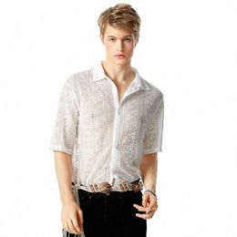 incerun Tops 2024 American Style Casual Mens Hollow Lace Printed Shirts Fi Street Hot Sale Short Sleeved Lapel Blouse S-5XL Z61K#